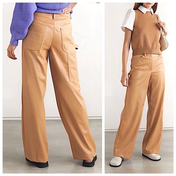 New STAUD Domino Vegan Leather Wide-Leg Pants in Camel Size 4 - Picture 2 of 11